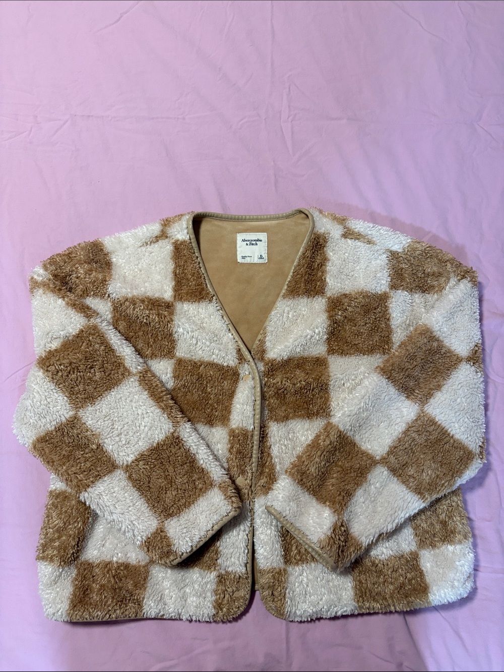 Abercrombie & Fitch Cream and Brown Checkered Fleece Cardigan